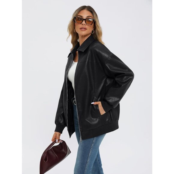 Womens Oversized Leather Jackets Zip Up Coats Faux Motorcycle Bomber Outfits Fal - Picture 3 of 5